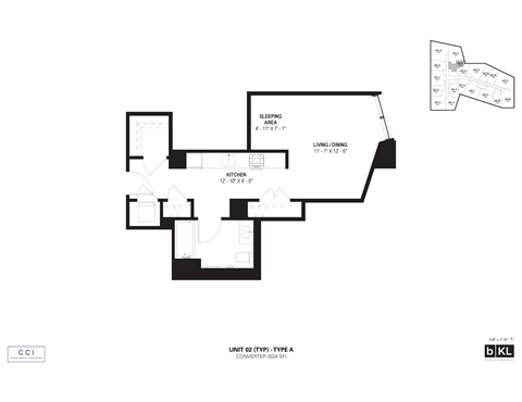 Floor plan for 1 bed, 1 bath, 524 sqft
